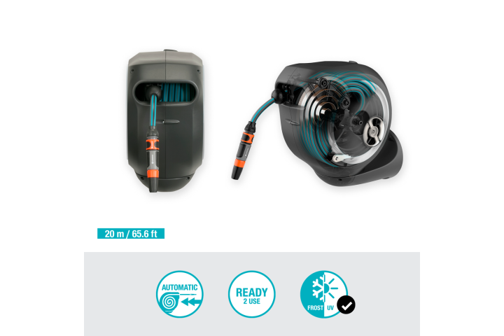 Купити Котушка настінна Gardena RollUp M + набір для поливу 20 м (18612-20.000.00). Офіційний магазин Хускварна Україна, фірмова гарантія з доставкою по Украіні