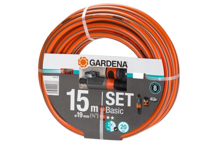 Купить Шланг Gardena Basic 19 мм (3/4"), 15 м + комплект для полива (18134-29.000.00). Официальный магазин Хускварна Украина, фирменная гарантия с доставкой по Украине.